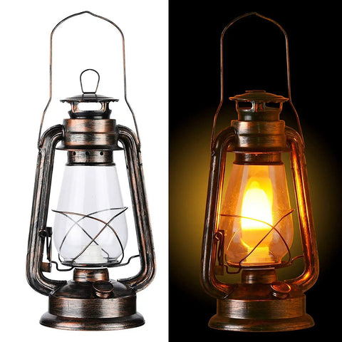 Pack Of 2 Vintage Rustic Lantern Lamps with Edison LED Bulbs, Bronze Rust Finish, one lit and one unlit, side by side view