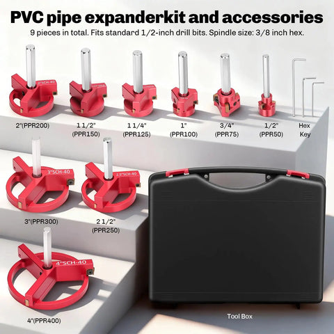 Nine Piece PVC Pipe Reamer Kit For SCH40 With Aluminum Head And Two Blades Fittings Saver Includes One Half Inch To Four Inch Sizes
