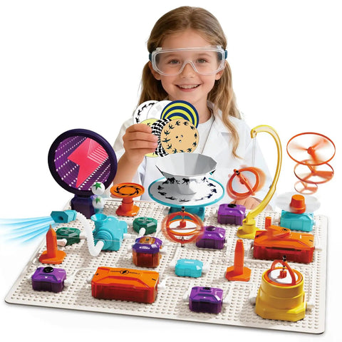 Circuit Science Kit for Kids With 76 STEM Projects, Fan, RGB Lights, Flying Saucer, girl playing with components.