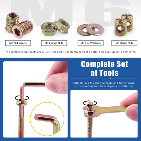 Close-up of M6 Hex Socket Cap Screws Hardware Kit for Baby Cribs with nuts, washers, and M4 M6 wrenches in use.