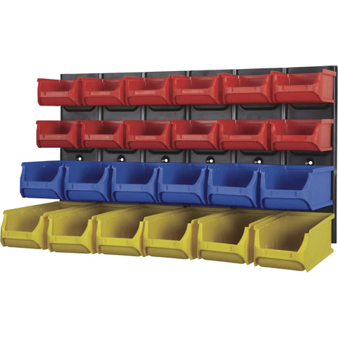 Rock Solid Metal Louvered Wall Panel Storage Rack With 24 Heavy Duty Sorting Bins And An Eighty Pound Weight Rating Crafted To Keep Your Garage Tool Setup Smooth And Hassle Free