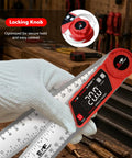 Rock Solid Digital Angle Finder With Built In Miter And Bevel Calculator 7 Inch LCD Screen held in hand with locking knob for precise angles.