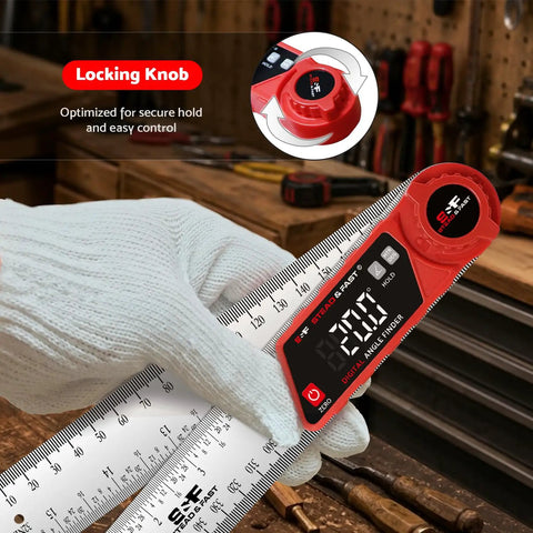 Rock Solid Digital Angle Finder With Built In Miter And Bevel Calculator 7 Inch LCD Screen held in hand with locking knob for precise angles.