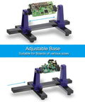 Adjustable PCB Holder With 360 Degree Rotation For Circuit Board Soldering And Desoldering Repair, Metal Base Workbench Desk Stand, Holds Up To 20 x 14 Cm Boards, Blue.