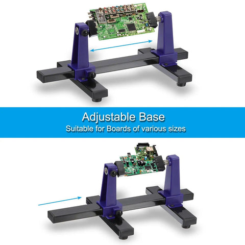 Adjustable PCB Holder With 360 Degree Rotation For Circuit Board Soldering And Desoldering Repair, Metal Base Workbench Desk Stand, Holds Up To 20 x 14 Cm Boards, Blue.