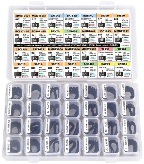 SOT-23 Component Kit With 1400 Pieces, 28 Types Including BJT PNP NPN MOSFET Schottky And Switching Diodes Box Open View