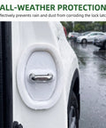 Stop The Door Clank Forever With These Heavy Duty White Silicone Door Latch Covers 4 Pack Peel And Stick For All Cars Trucks And SUVs Rust Resistant Noise Dampening Guards with water droplets.