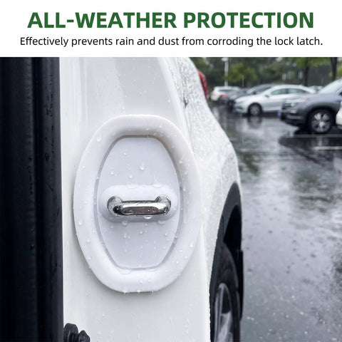Stop The Door Clank Forever With These Heavy Duty White Silicone Door Latch Covers 4 Pack Peel And Stick For All Cars Trucks And SUVs Rust Resistant Noise Dampening Guards with water droplets.