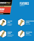 Features of PowerPro Premium Trim Screws including T-15 star drive, countersinking blades, diamond shank, and fast driving thread.