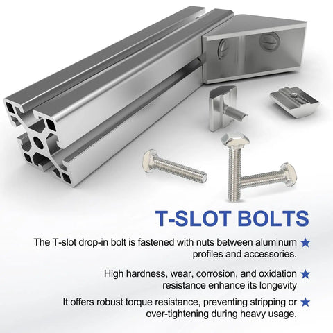 Drop In M5 30 mm T Slot Bolts With Hammer Head And Hex Nut Flange For 20 Series Aluminum Extrusion, carbon steel, nickel plated.