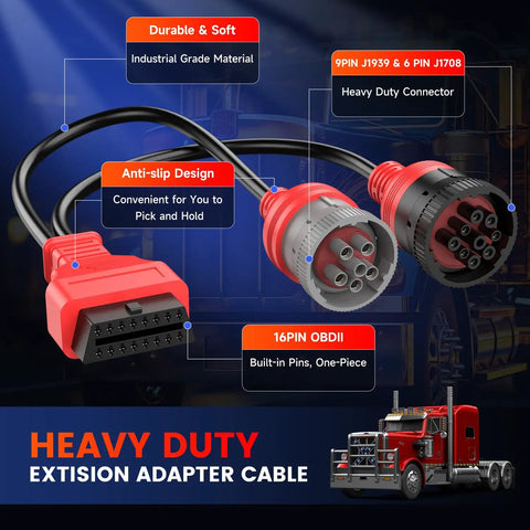Beefed Up Heavy Duty Diesel Truck OBD To Type 2 Split Cable with 9 Pin J1939 and 6 Pin J1708 Connectors to 16 Pin OBDII Adapter