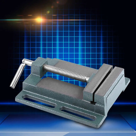 Jelquix 1pc Heavy Duty Cast Iron Drill Press Vise With Four Inch Jaw Opening And Heightened Widened Jaws against a blue background.