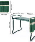 Garden Kneeler Seat And Bench With Detachable Design featuring green tool bag, metal frame, and EVA cushion, dimensions shown