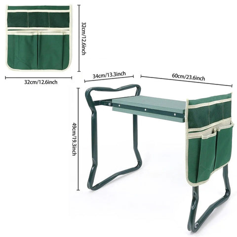 Garden Kneeler Seat And Bench With Detachable Design featuring green tool bag, metal frame, and EVA cushion, dimensions shown