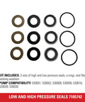 Replacement Low And High Pressure Seal Kit For Pressure Washer Pumps Black includes seals, O-rings, and washers for leak-free performance.