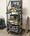 Garage Fishing Rod Holder System With Pegboard Hooks, Holds Up To 12 Rods, Rolling Tackle Cart With Wheels, 3-Tier Gear Storage