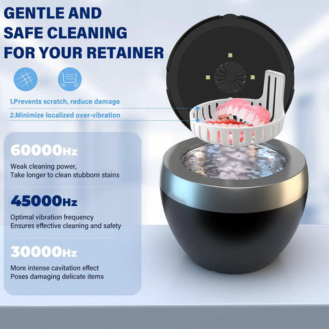 All In One Ultrasonic Retainer Cleaner For Mouthguards Aligners Braces Night Guards And Dental Appliances 200 ML 45KHz With Four Cleaning Modes Easy Clean For Rings Jewelry Cleaner Includes Cleaning Pod And Basket, black cleaner with basket