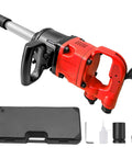 High Performance 1 Inch Air Impact Wrench Built With A Pinless Hammer Mechanism And 4200 Rpm No Load Speed Plus Boss Level 2800 Ft Lbs Max Torque For Yanking Rusty Bolts On The Shop Floor, red and black design with accessories.