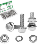 M6 Flanged Hex Head Bolts Kit, 20mm Length, 304 Stainless Steel Hardware Set With Nuts And Flat And Spring Lock Washers displayed