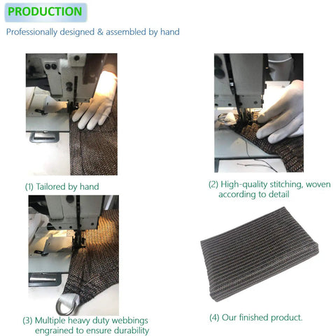 Production process of Square 7 By 7 Brown Sun Shade Sail Canopy UV Block, showing hand stitching and finished product.