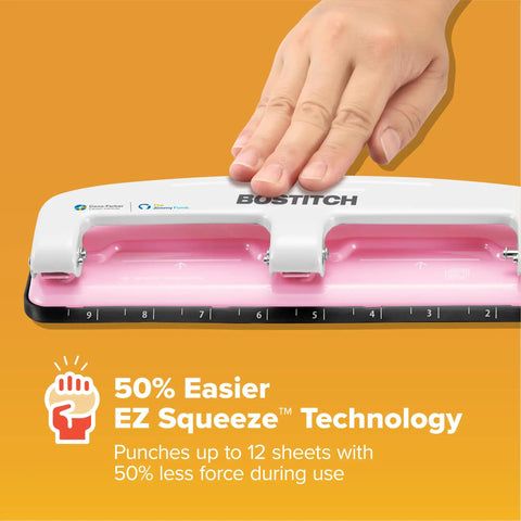 Hand using InCOURAGE 12 Reduced Effort 3 Hole Punch For Office And School Use No Fuss Punching Up To 12 Sheets With EZ Squeeze Technology