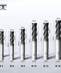 Six Speed Tiger micrograin carbide square end mills (4–16 mm) with silver shanks and dark fluted cutting ends.
