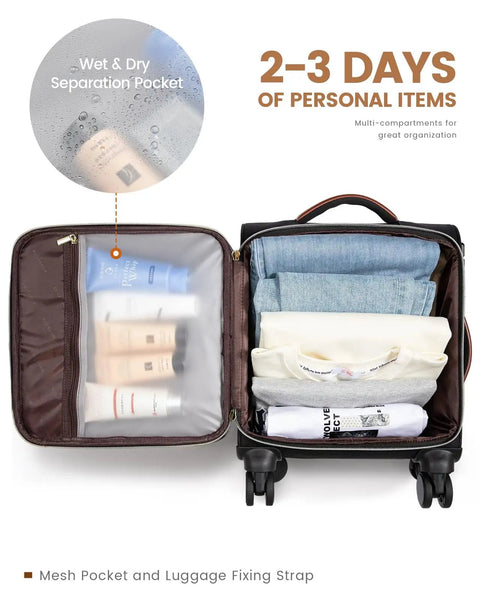 Underseat Carry On Luggage With Wheels 16 Inch Softside Spinner 18 By 14 By 8 Inches Travel Bag With TSA Lock displaying interior compartments
