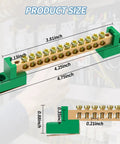 Kickass Neutral Bus Bar 4 Pack 12 Position Brass Terminal Block Industrial Grade Professional For Electrical Panel Grounding Wire Organizer Heavy Duty Connection Kit showing dimensions and features.