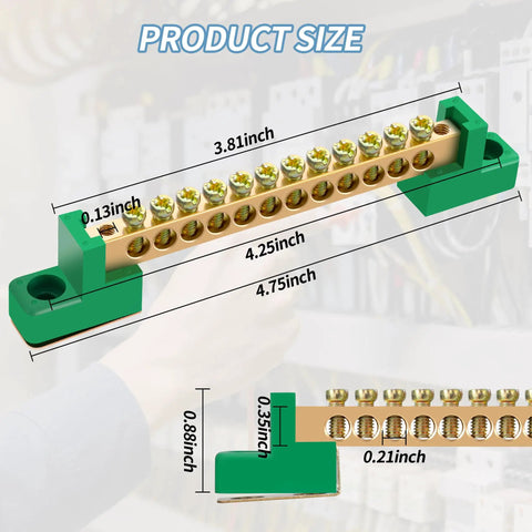 Kickass Neutral Bus Bar 4 Pack 12 Position Brass Terminal Block Industrial Grade Professional For Electrical Panel Grounding Wire Organizer Heavy Duty Connection Kit showing dimensions and features.