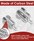 Premium Carbon Steel PVC Pipe Threader Kit For 1/2, 3/4 And One Inch Plastic Pipe Taps close-up of threading tools showing carbon steel construction.