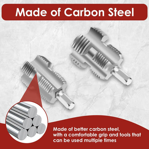 Premium Carbon Steel PVC Pipe Threader Kit For 1/2, 3/4 And One Inch Plastic Pipe Taps close-up of threading tools showing carbon steel construction.