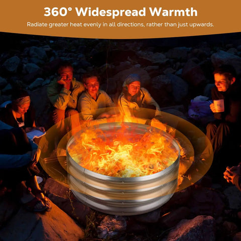 36 Inch Round Galvanized Fire Pit Ring For Backyards And Campsites, Heavy Duty Silver Fire Ring with people enjoying bonfire
