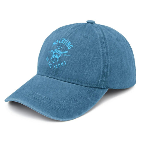 Vacation Quotes Funny Hat For Women Cool Washed Cyan Blue Cap with cute yacht graphic