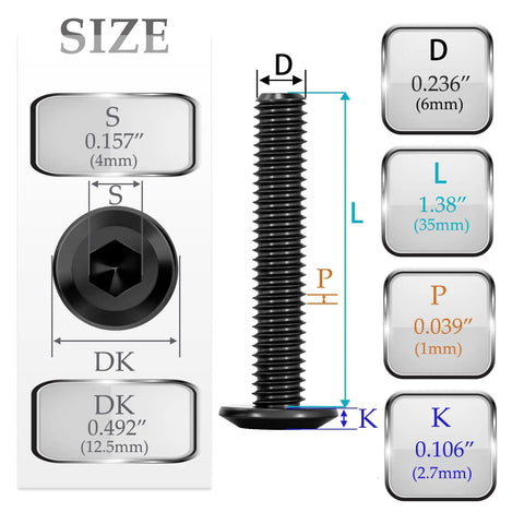 M6 X 35mm Flat Head Hex Socket Cap Bolts 10 Piece Set With Hex Wrench Alloy Steel detailed size diagram including dimensions.