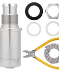 Gas Fuel Tank Fill Neck Repair Kit For Chevy And GMC Trucks And SUVs Fix Leaky Or Broken Fill Necks Durable Aluminum Construction Replaces EAJ40-1000 Easy Install Long-Lasting Leak Prevention For Gas System showing aluminum fill neck, gaskets, pliers, and rope.