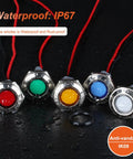 Two Pack 16mm Five Eighth Inch LED Indicator Light 110 to 220 VAC 20 mA Energy Saving Metal Waterproof IP67 Flat Head Pilot Lamp With 20 cm Wire For Car Truck Boat Green LED Industrial Grade, front view