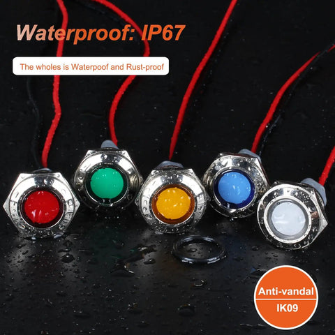 Two Pack 16mm Five Eighth Inch LED Indicator Light 110 to 220 VAC 20 mA Energy Saving Metal Waterproof IP67 Flat Head Pilot Lamp With 20 cm Wire For Car Truck Boat Green LED Industrial Grade, front view