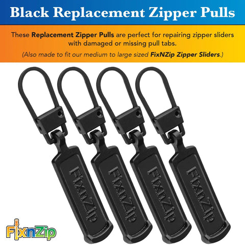 Ultra Easy No Sweat Clip-On Zipper Pull Replacements 4 Pack Black Universal Tabs For Zipper Repair Fits Medium To Large Zippers