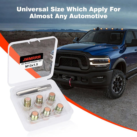 Stainless Steel Oil Drain Plug Thread Repair Kit M13 X 1.5Mm Rethread Tool with screws and tap, shown with a blue truck
