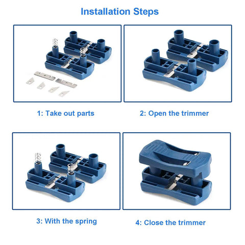Installation steps for Go To Edge Banding Trimmer For Veneer And Laminate Edges, showing parts and assembly process.