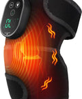 Cordless Knee Massager With Heat And Battery Pack, showing digital display, black fabric, and heat waves illustration.