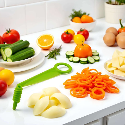 Green handheld spiral slicer; plastic kitchen tool with circular handle, shown with carrot curls and cucumber rounds on white counter.