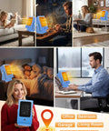 Portable Indoor Space Heater For Desk And Office in various room settings showing 2-second PTC fast heating, 60° adjustable angle, blue.