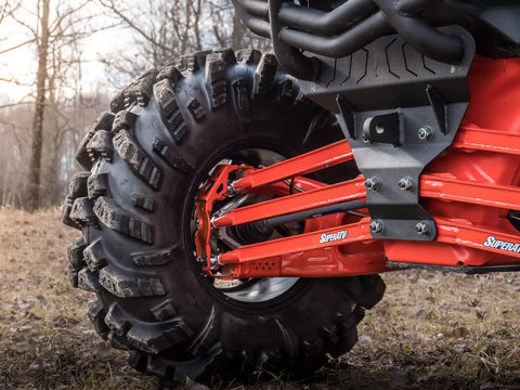 Heavy Duty Boxed Rear Radius Arms Kit For Can Am Maverick X3 72 Inch Turbo X RC MR RS MAX - Complete 6 Rod Set In Red With Reinforced Pivot Joints And Five Eighths Heim Joints For Strength And 100 Percent Fitment Guaranteed. rear suspension with red arms and large off-road tire