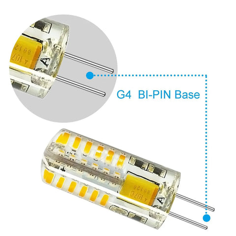 Close-up of G4 LED Bulbs 10 Pack, BiPin Base 3W 12V AC DC Landscape Light Replacement, Warm White 3000K with G4 bi-pin base