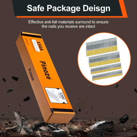Packaging of 15 Gauge DA Angled Finish Nails 34 Degree Multi Size Pack Galvanized 1200 Nails with safety design.