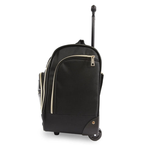 Side view of Underseat Carry On Luggage With Wheels, Compact Croc Black Travel Bag For Planes, showing trolley handle and wheels.