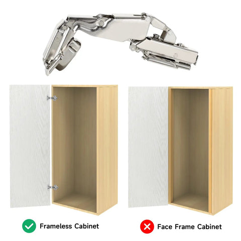 Knockout Durability One Pair 175 Degree Concealed Cabinet Hinges mounted on frameless cupboard showing comparative cabinet styles.
