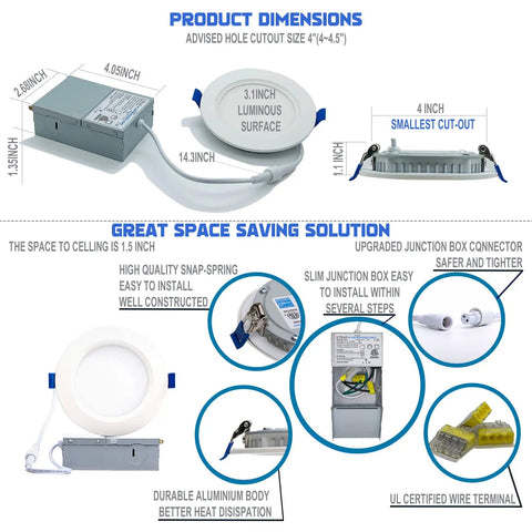 Diagram showing Four Inch LED Recessed Downlight With Junction Box 3000K Soft White 10.5W 920 Lumens Dimmable Can Killer Ceiling Light features