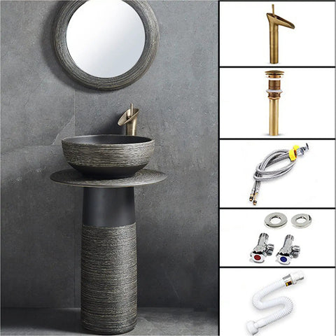 Unbeatable Heavy Duty Ceramic Vessel Sink Combo With Sturdy Pedestal Base And Quick Faucet Drain Setup Kit For Indoor Outdoor Baths with faucet and accessories.